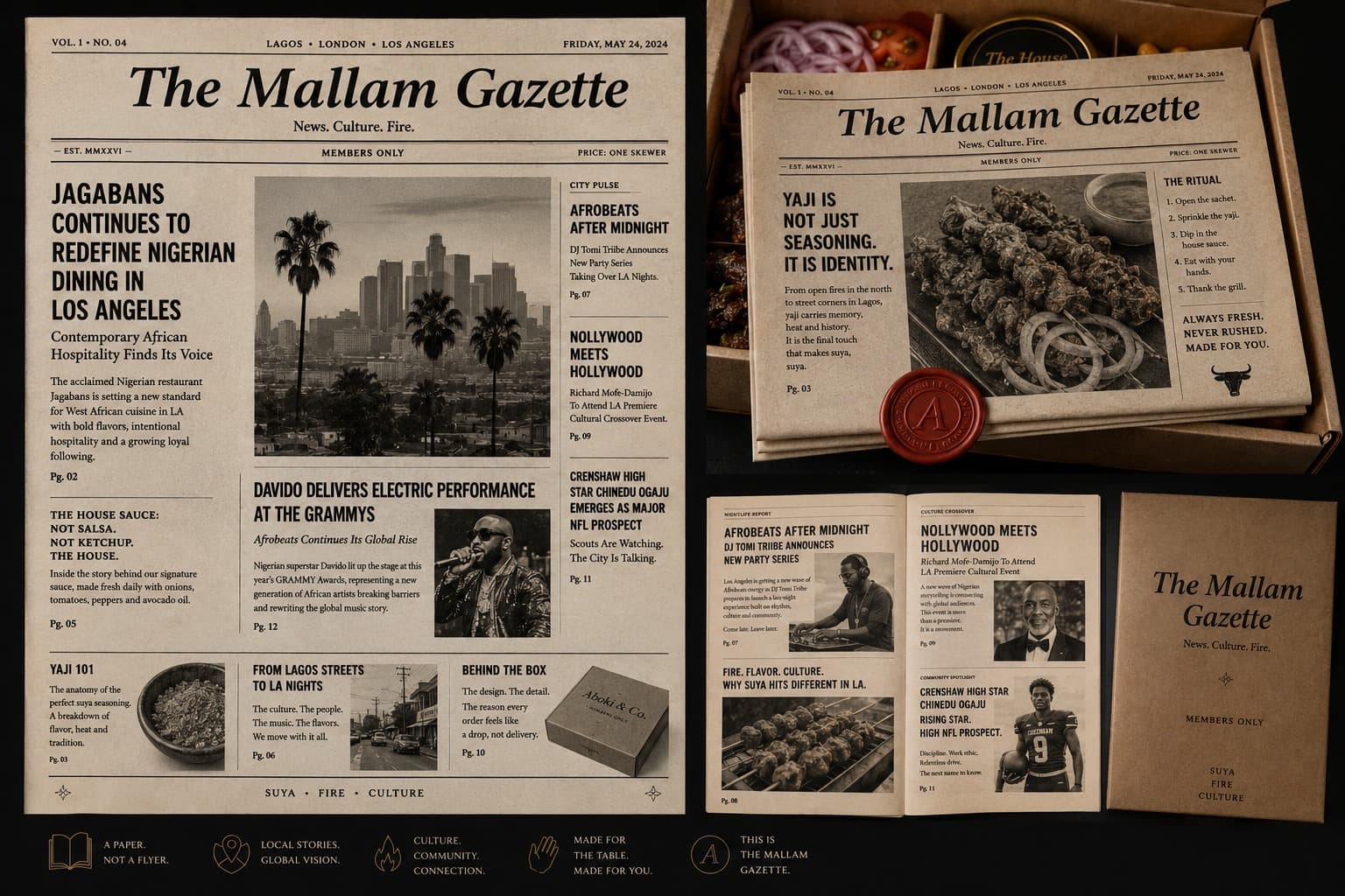 The Mallam Gazette — a printed newspaper of Lagos, London and Los Angeles stories — shown open, and folded inside a box over the suya.