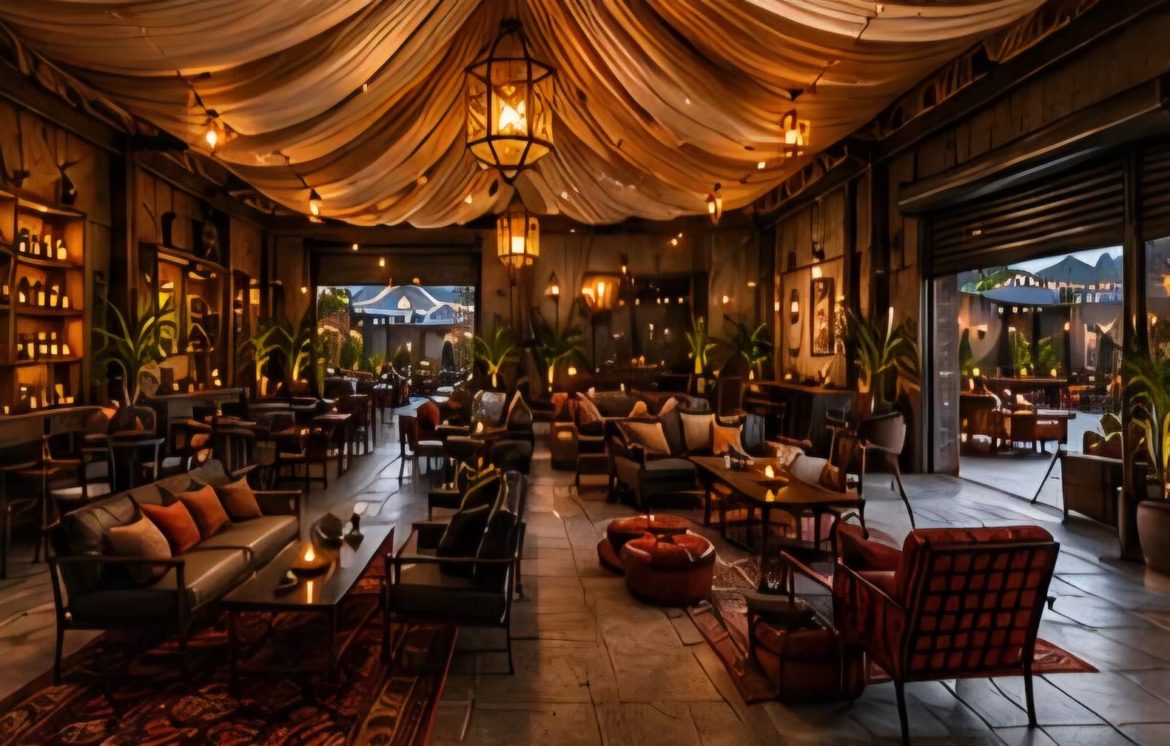 Wide design rendering of the Los Angeles room: a ceiling draped in fabric, lantern light, low seating, shelves of bottles along one wall, and roll-up doors opening onto a patio.