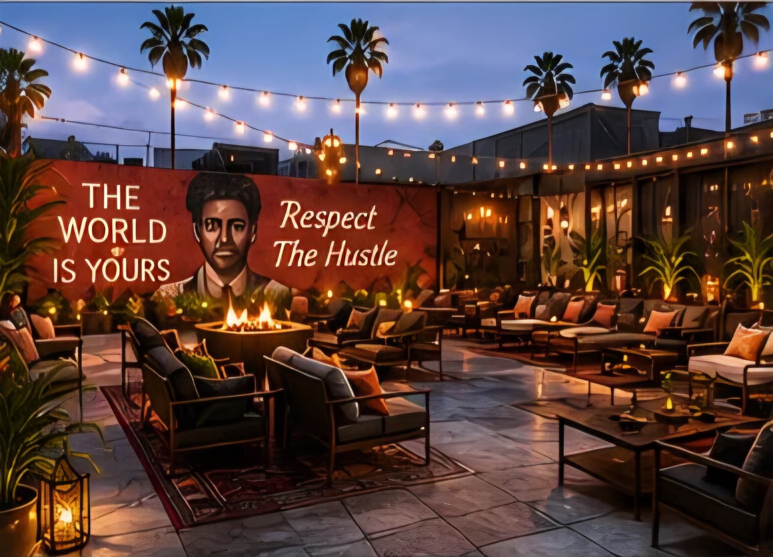Design rendering of the courtyard at dusk: a painted mural reading THE WORLD IS YOURS and RESPECT THE HUSTLE behind a fire pit, low seating and strung lights under palms.