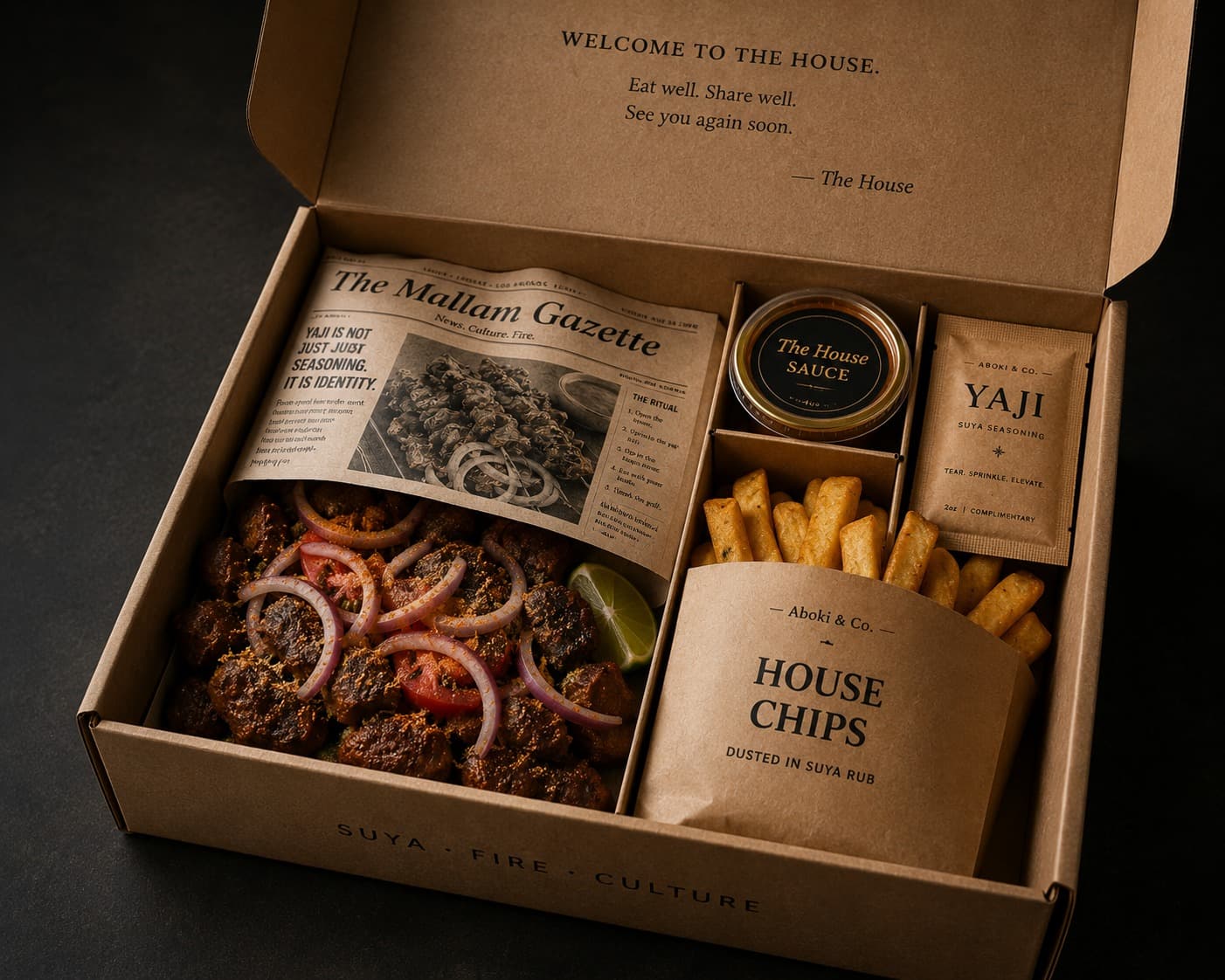 An opened Aboki & Co. box: hand-cut suya with red onion, tomato and lime, the Mallam Gazette folded over it, a cup of House Sauce, a Yaji sachet and a sleeve of House Chips.