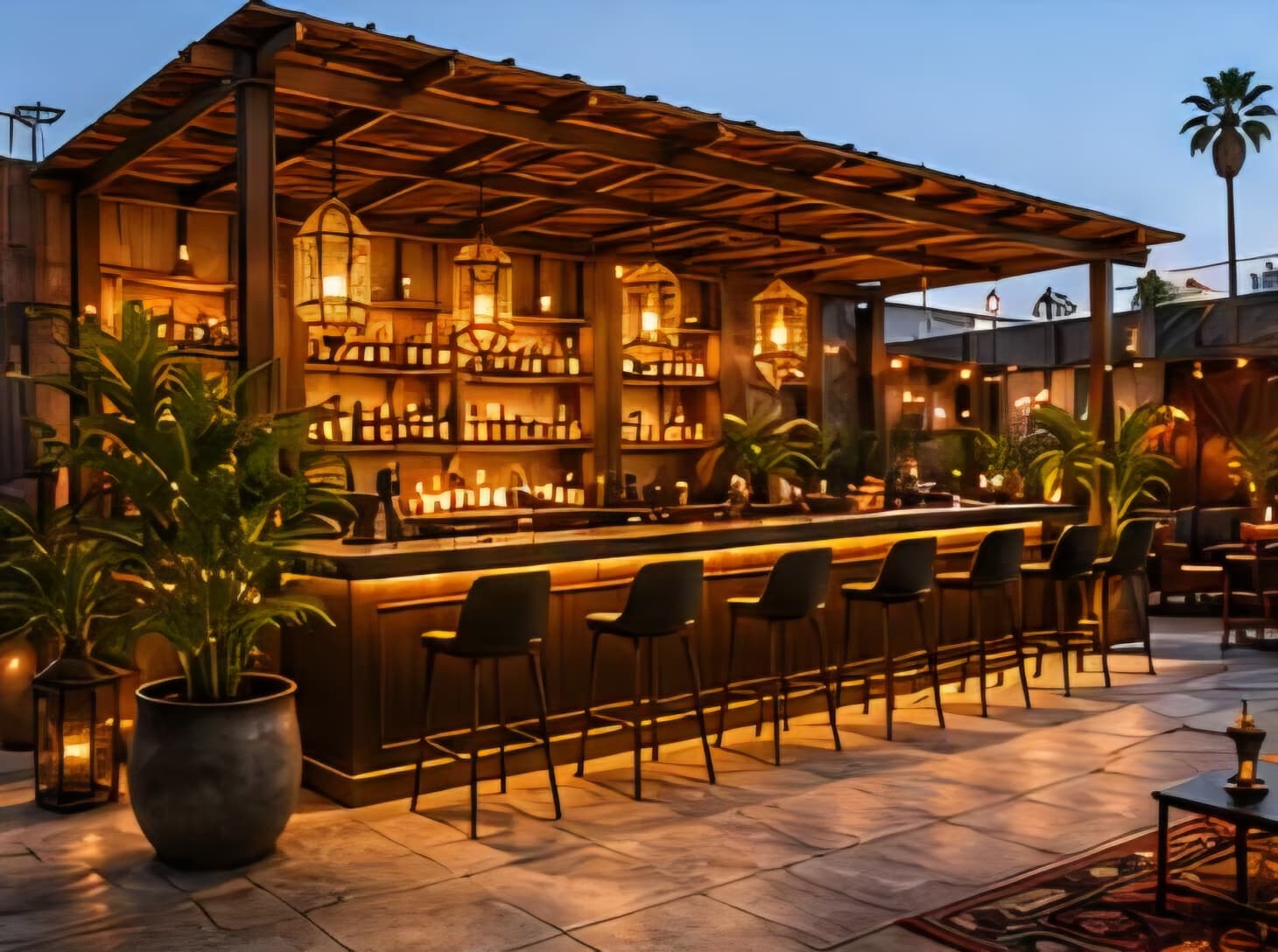 Design rendering of the outdoor bar at dusk: a long counter and stools beneath a timber pergola hung with lanterns.